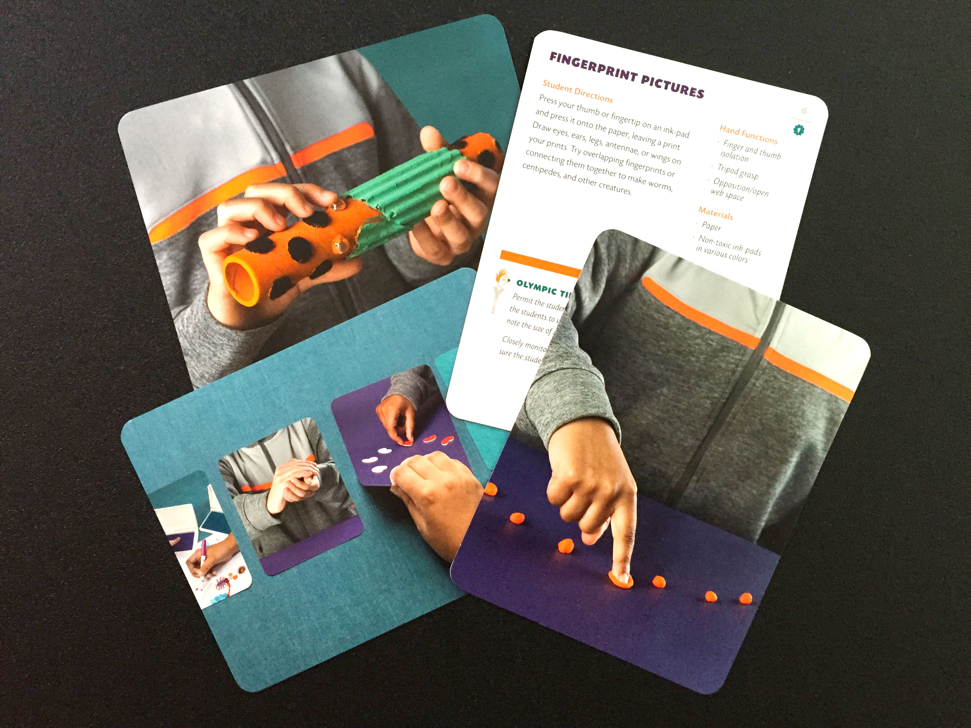 Cards showing colors and wardrobe choices for photography used in Fine Motor Olympics, an educational product designed by Milk Row Studio