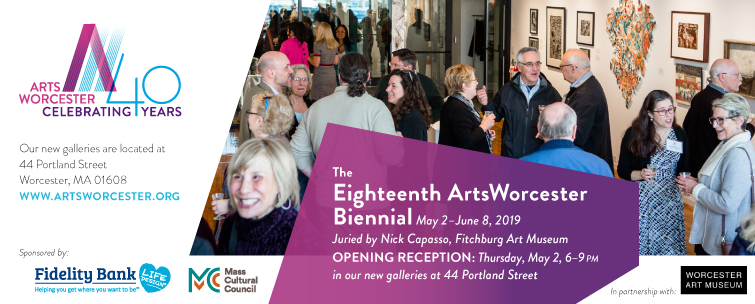 ArtsWorcester advertisement in Art NewEngland showing a group of patrons in the gallery, supporter logos, and text announcing the 18th ArtsWorcester Biennial exhibition.