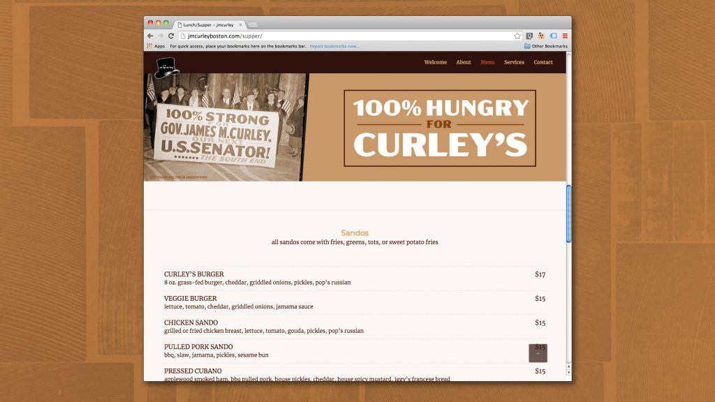 Website design for JMCurley's bar and restaurant in Boston