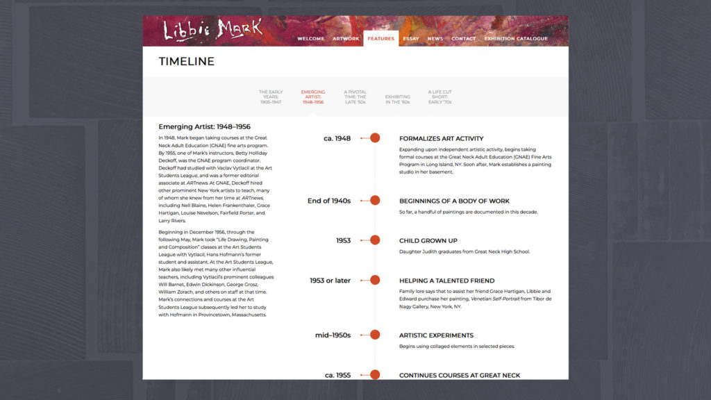 Website design for Libbie Mark Provincetown Fund featuring the timeline